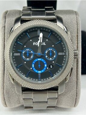 Fossil Silver Stainless Steel Watch with Black Dial and Blue Accents